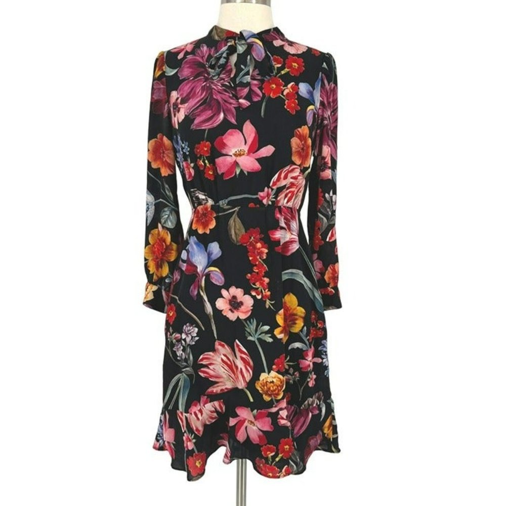 J.Crew Tie Neck Midnight Dutch Floral A-Line Dress Size 0P